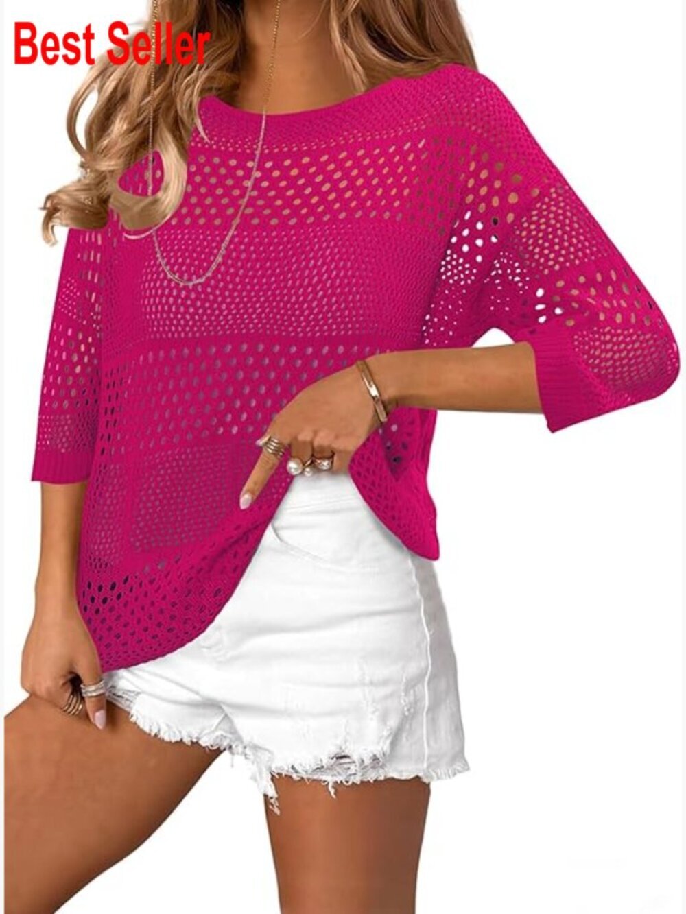 Crochet Hollow Out Beach Cover Up Half Sleeve Knit Swimwear Top